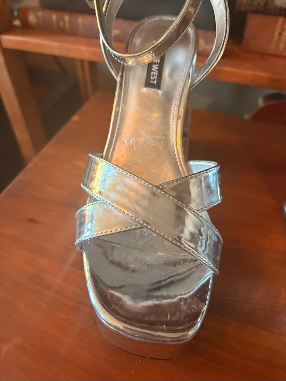 Nine West Metallic Silver Platform Block Heel Sandals